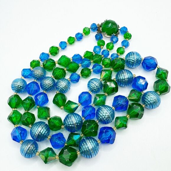 West Germany Vintage Blue Green Lucite Faceted Beaded Necklace 2 Strand MCM - Picture 6 of 16
